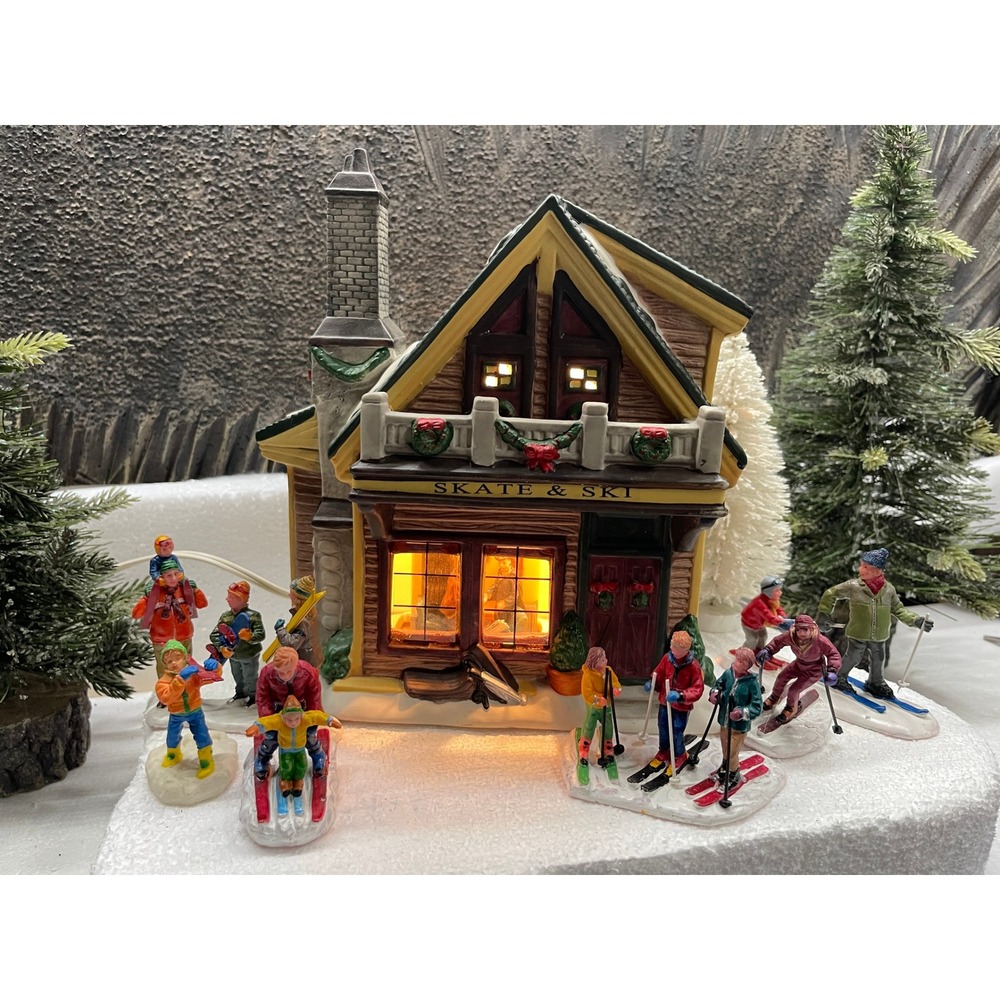 Village Bundle SKATE AND SKI Shop with Lemax SKIERS Figures Set Unboxed